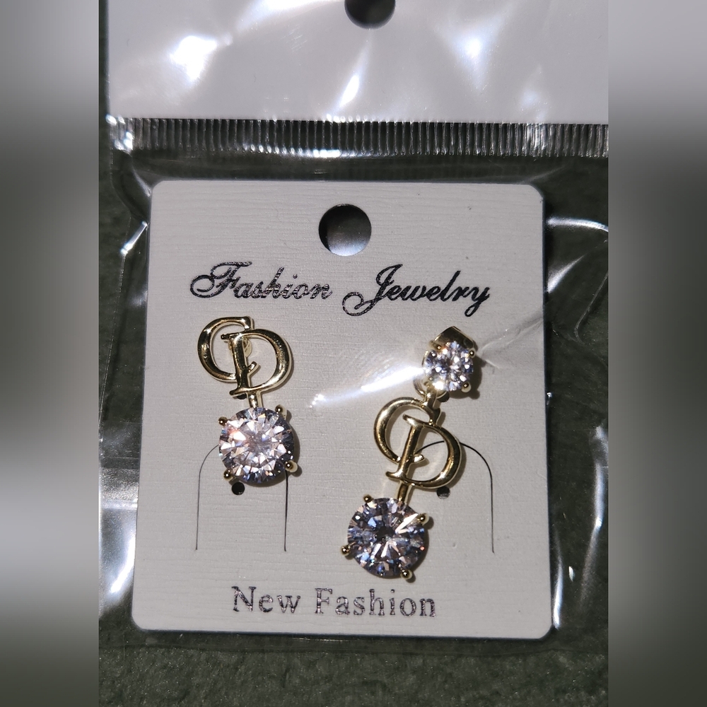 Christian Dior-Theme Fashion Jewelry Gold and Silver Crystal Earrings NWT